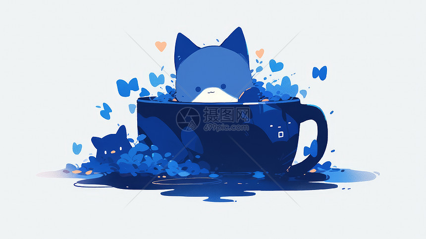 在蓝色杯子中可爱的小蓝猫图片