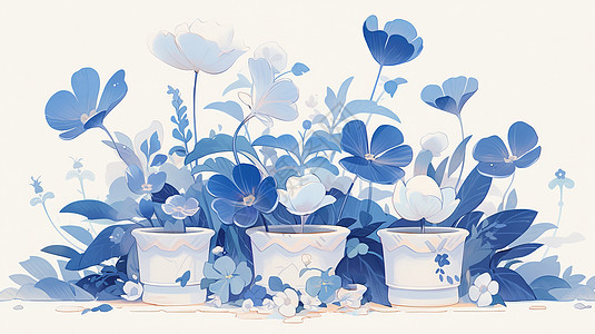 蓝色调漂亮的卡通盆栽与植物图片