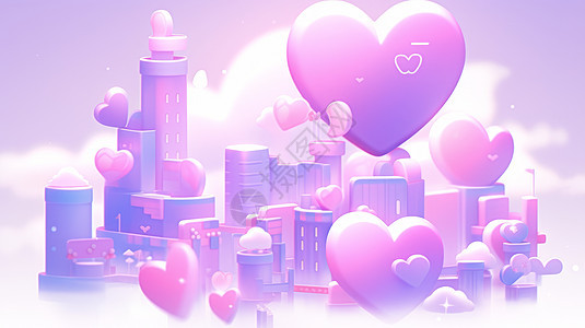 浪漫紫色爱心主题卡通城市图片