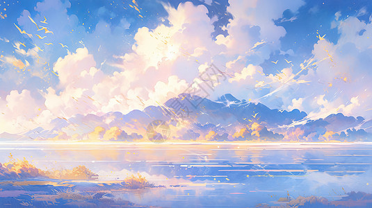秋天唯美的湖泊旁一座高山卡通风景图片