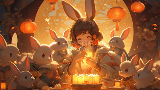 中秋节夜晚美丽的卡通嫦娥与小白兔们一起过节日图片