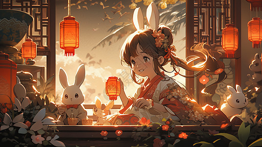 手拿灯笼漂亮的卡通嫦娥与卡通兔子一起过中秋节图片