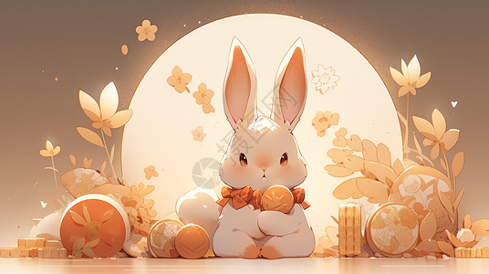 坐在圆圆的月亮前抱着月饼的卡通小白兔图片