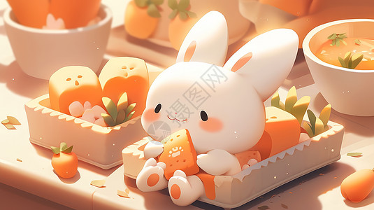坐在盒子中吃糕点的可爱卡通小白兔图片