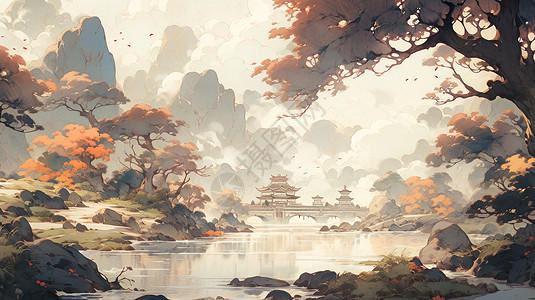 秋天古松与山中古风建筑唯美卡通风景图片