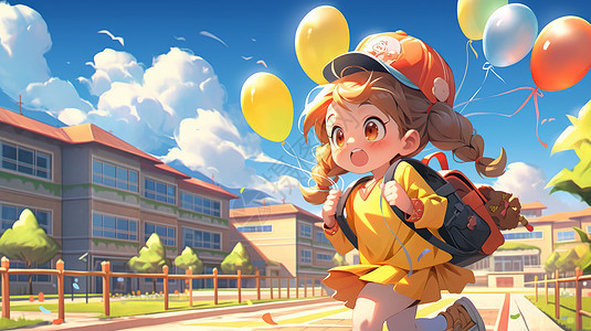 戴棒球帽穿黄色裙子努力奔跑去上学的卡通女孩图片