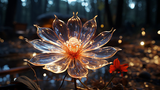 森林中发光透明花瓣的超现实花朵图片