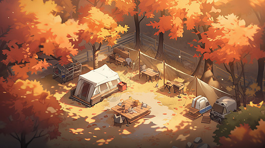 秋天橙色的森林中一片露营卡通基地图片