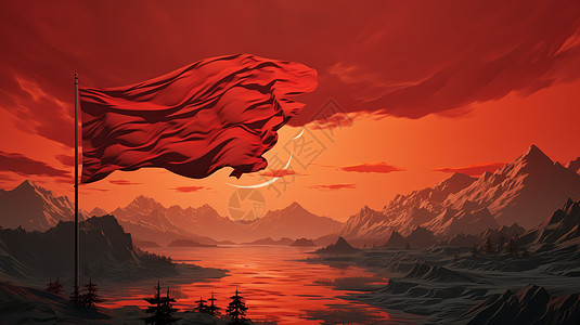 飘扬的旗子卡通风景在湖边山上飘扬的红旗插画