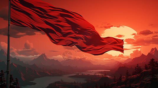 在高山上的卡通红旗与落日卡通风景图片
