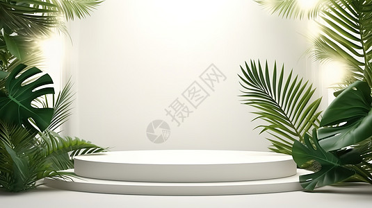 热带树叶白色圆形产品创意展示台图片