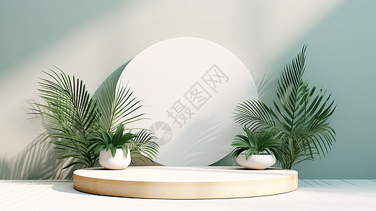 白色产品电商展台棕榈叶装饰图片