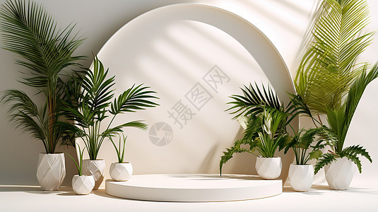 白色小清新产品电商展台棕榈叶装饰背景图片