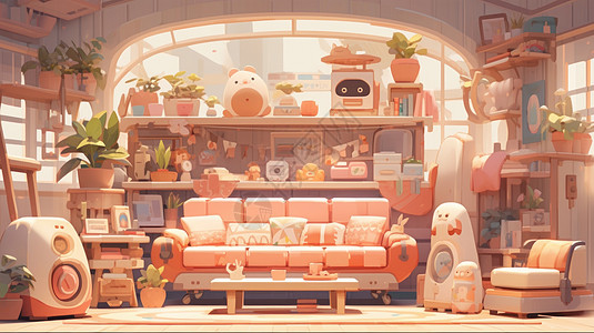 可爱的粉色调卡通客厅背景图片