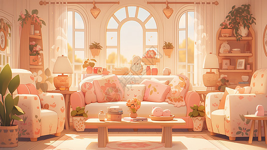 放着一组可爱的卡通沙发的粉色调客厅图片