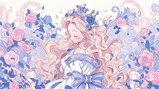 头戴皇冠站在花丛中漂亮的卡通小公主图片