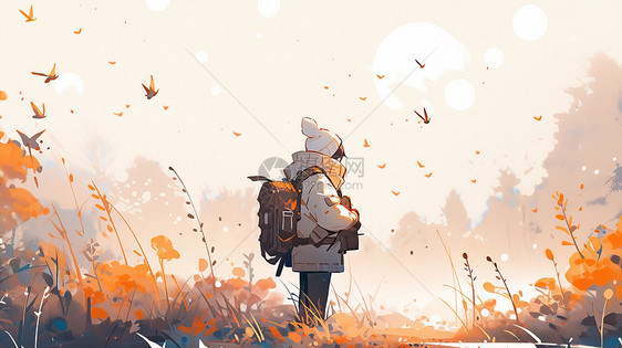 背旅行包可爱的卡通女孩背影站在金黄色卡通草丛中图片