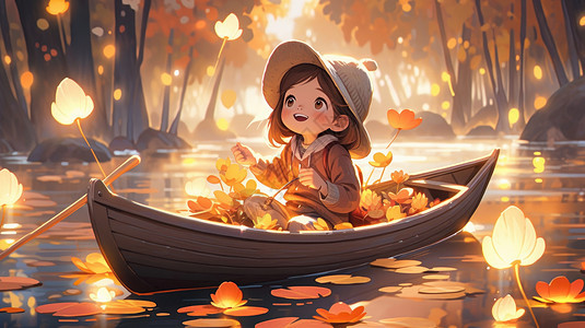 坐在小木船上欣赏着风景的可爱卡通小女孩图片