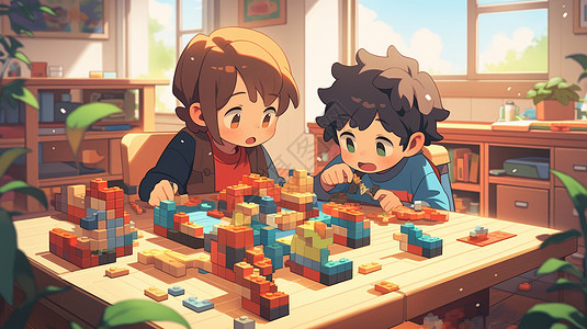 益智玩具两个可爱的卡通小孩在游戏桌上玩游戏插画