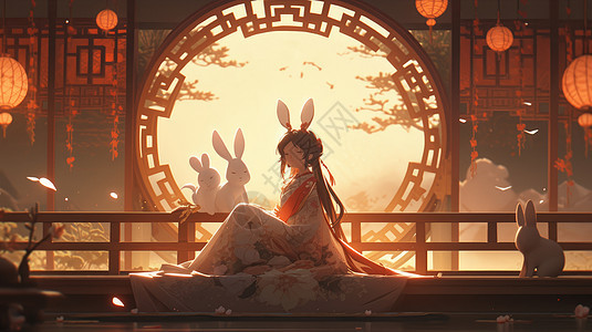 中秋节美丽的卡通嫦娥坐在房间内与兔子一起赏月图片