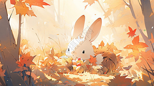 秋天在枫叶林中呆萌可爱的卡通小白兔图片