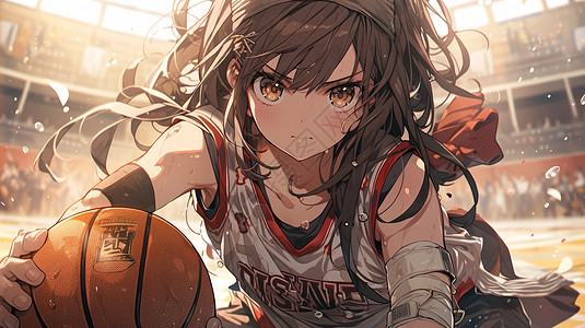 满身汗水眼神坚定打篮球的卡通女孩高清图片