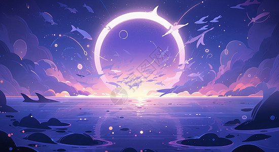梦幻紫色卡通风景飞在天空上的鱼图片