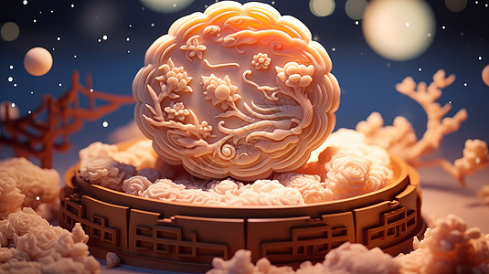 中秋节精致的立体雕花月饼图片