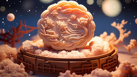中秋节精致的立体雕花月饼图片
