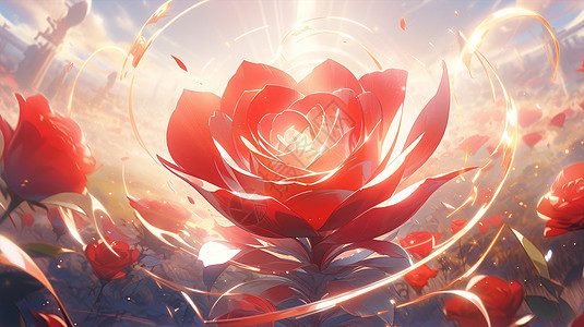 玫瑰园中的发光的卡通红色玫瑰花背景图片