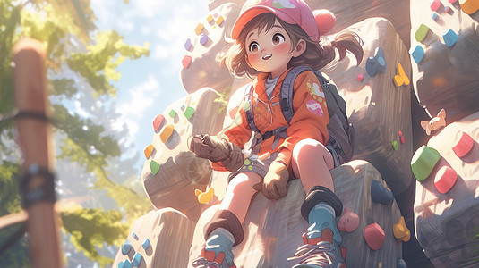 坐在山脚下戴粉色帽子准备攀岩的卡通女孩图片