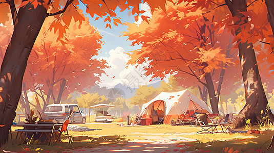 在卡通森林中的露营帐篷背景图片