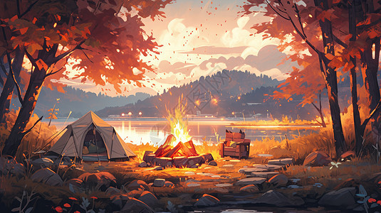 傍晚在湖边的卡通树林露营点燃篝火背景图片