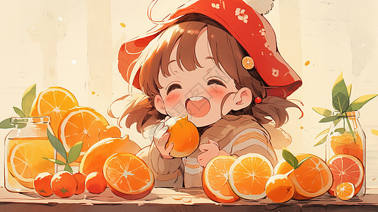 戴小红帽的可爱卡通女孩在吃橙子图片