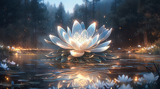 在河面上发光的巨型卡通莲花背景图片