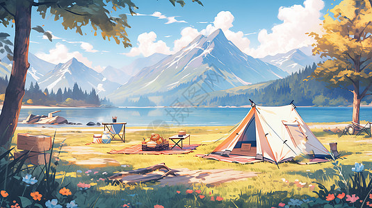 雪山露营湖泊旁驻扎着小小的卡通帐篷插画