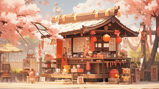 桃花树下可爱的卡通小木屋商店图片