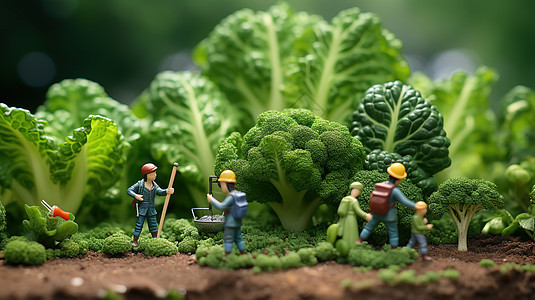 创意农产品绿色蔬菜和西兰花微观创意小人图片