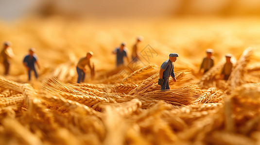 秋分麦田忙碌的农民微观小人图片