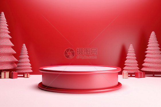圣诞3D立体圆形电商展台红色背景图片