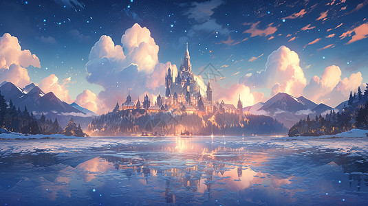 傍晚蓝天白云下一座灯火通明的卡通城堡图片