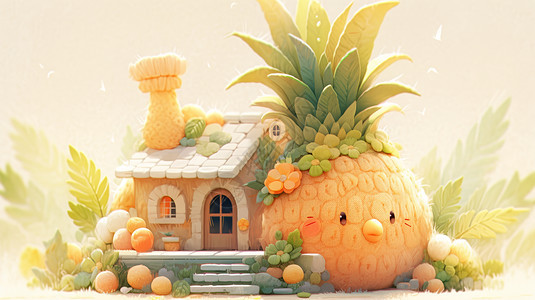 卡通小房子旁一个巨大的卡通菠萝图片