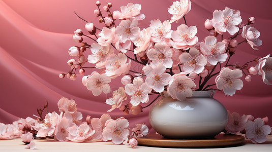 汝瓷白色瓷花瓶中的漂亮粉色花朵设计图片