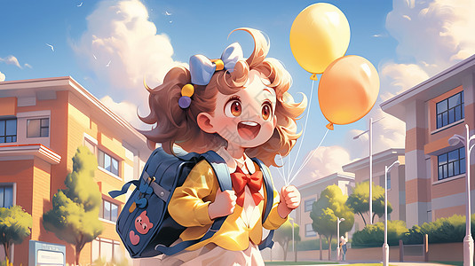 手拿黄色气球背着书包去上学的卡通女孩图片