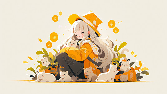 坐在地上抱着卡通宠物猫的可爱女孩图片