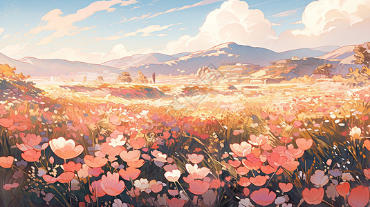 秋天开满粉色花朵的野外卡通风景图片