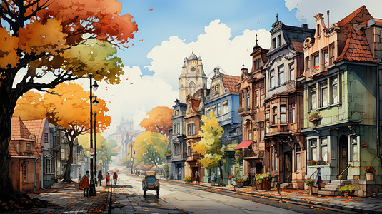 秋天金黄色的古树与复古的欧式卡通小镇建筑背景图片