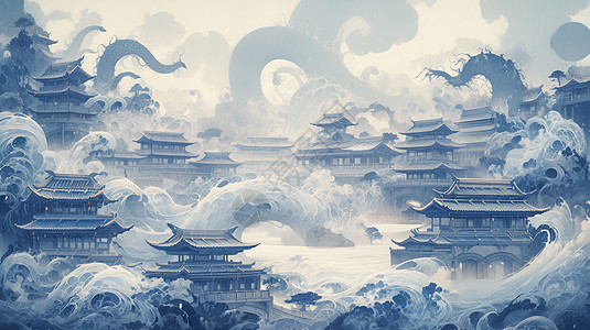 蓝色调汹涌的海浪与卡通古建筑背景图片