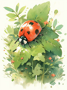 红色可爱的卡通七星瓢虫在植物上图片