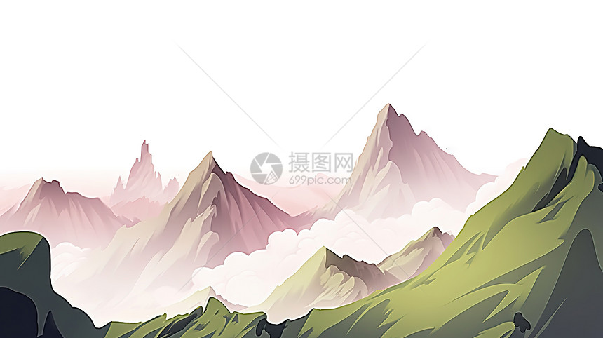 中国风唯美山峰白底背景插画图片